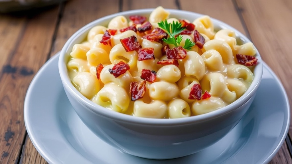 Creamy Bacon Mac and Cheese A hearty bowl of Bacon Mac and Cheese with elbow macaroni, cheese sauce, and crispy bacon.
